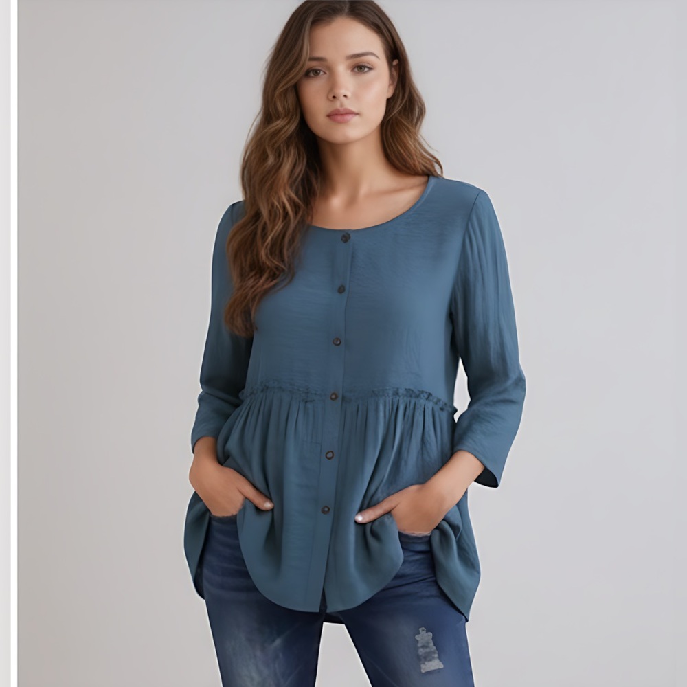 Blue Button Up Frill Peplum Blouse